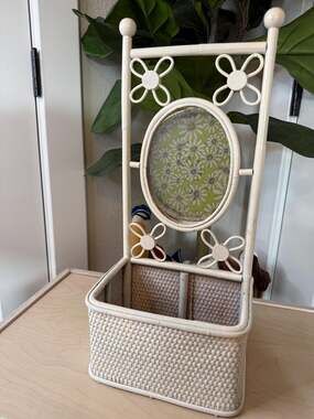 Vintage Flower Power White Wicker Basket with Mirror